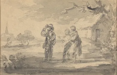 Landscape With Three Figures Cottage And Church Spire