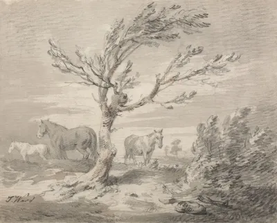 Landscape With Three Horses And A Tree In The Foreground