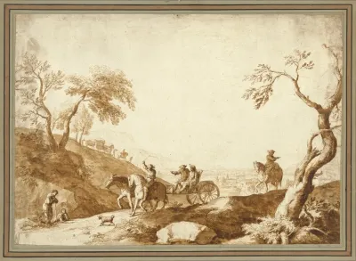 Landscape With Travellers Two Riding In A Carriage Driven By A Postilion And A Third On Horseback Behind