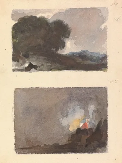 Landscape With Tree In Foreground And Mountains In Distance Figure In Interior Scene