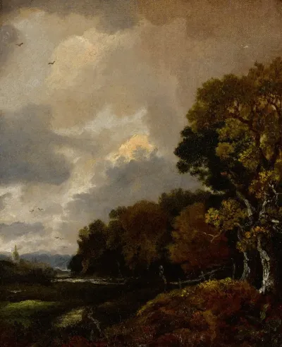 Landscape With Trees And A Field A Church Tower In The Distance