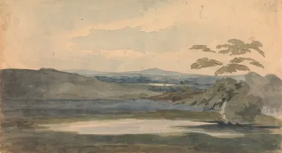Landscape With Trees And Mountains Lake In Foreground