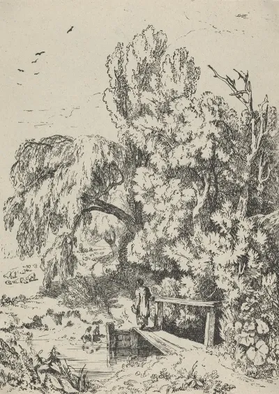 Landscape With Trees Girl Crossing A Footbridge