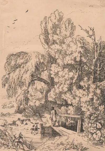 Landscape With Trees Girl Crossing Footbridge