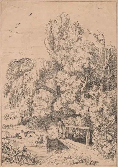 Landscape With Trees Girls Crossing Footbridge