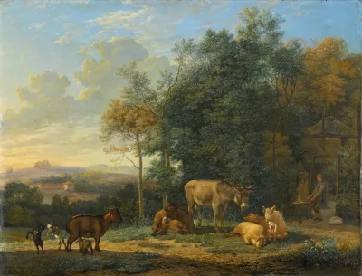 Landscape With Two Donkeys Goats And Pigs