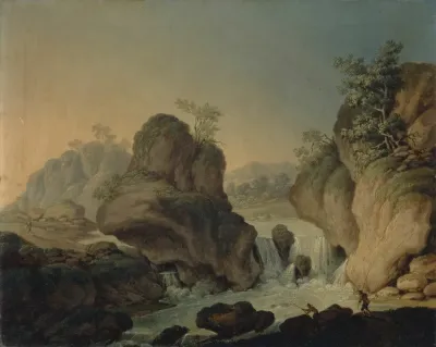 Landscape With Waterfall And Fishermen