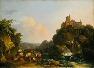 Landscape With Waterfall Castle And Peasants