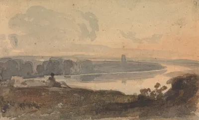 Landscape With Winding River Figure On Hill In Foreground