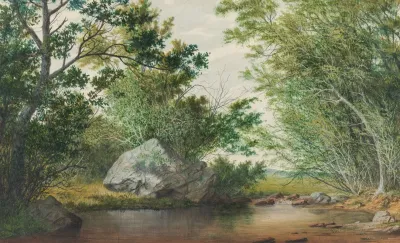 Landscape With Wooded Stream And Boulder