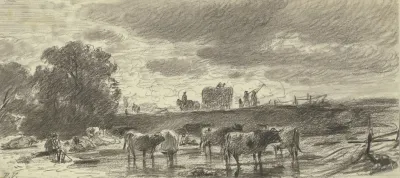 Landschaft In Gewitterstimmung Mit Einer Viehherde Im Vordergrund Und Einem Erntewagen Am Horizont
