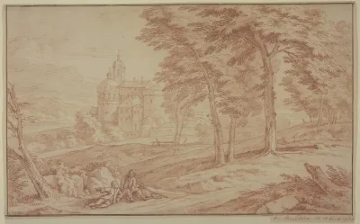 Landschaft Links Ein Schlos Rechts Baume Vorne Zwei Knaben Am Wege Sitzend