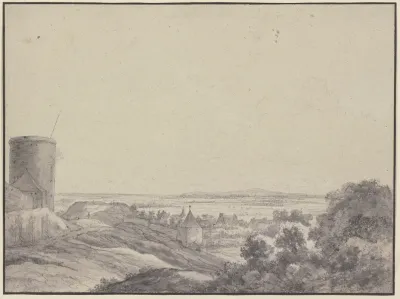 Landschaft Links Ein Turm Einige Mauern Und Hauser Rechts Gebusch Fernsicht