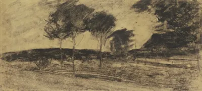 Landschaft Links Kleiner Hugel Davor Drei Baume Rechts Haus