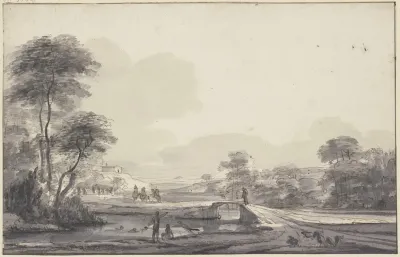 Landschaft Mit Bach Und Brucke Im Wasser Badende