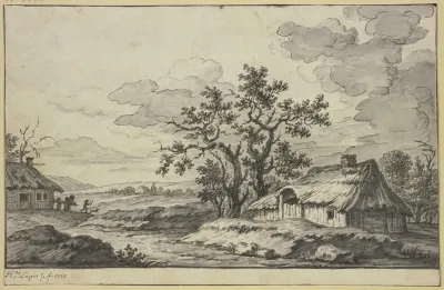 Landschaft Mit Bach Und Zwei Hutten Im Vordergrund