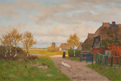 Landschaft Mit Bauernhausern Und Windmuhle