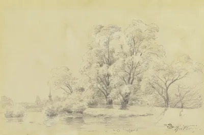 Landschaft Mit Baumen Am Wasser In Der Ferne Der Turm Einer Dorfkirche