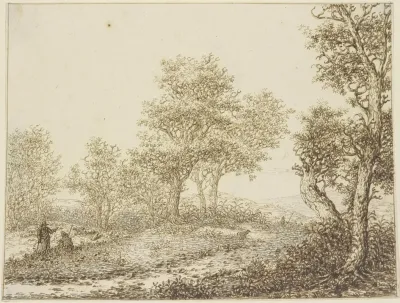 Landschaft Mit Baumen Links Zwei Manner Im Gesprach