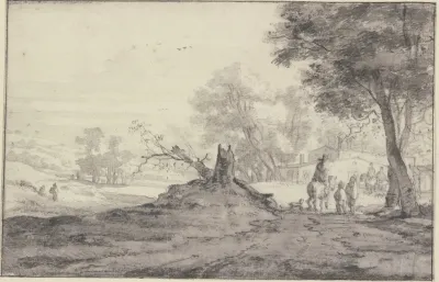 Landschaft Mit Baumen Und Hausern In Der Mitte Die Reste Eines Abgehauenen Baumes Reiter Und Fusganger