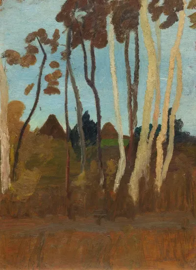 Landschaft Mit Birken Im Hintergrund Zwei Hausgiebel