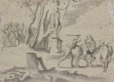 Landschaft Mit Der Flucht Nach Agypten Rechts Die Heilige Familie In Der Mitte Eine Antike Statue Links Die Gruppe Der Verfolger