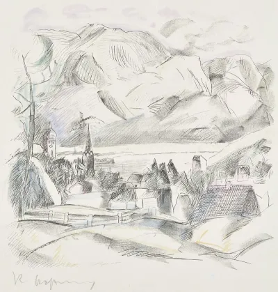 Landschaft Mit Dorf Am See Vor Gebirge