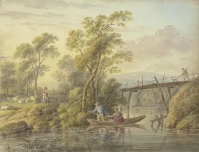 Landschaft Mit Einem Bach Uber Den Eine Holzerne Brucke Fuhrt