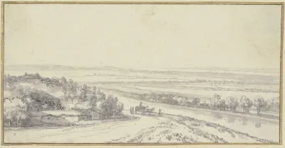 Landschaft Mit Einem Flus Links Gebaude Unter Baumen Auf Der Landstrase Ein Wagen Und Einige Figuren