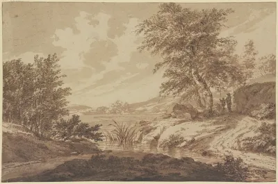 Landschaft Mit Einem Fluss Rechts Ein Felsstuck Unter Baumen Dabei Ein Mann Mit Einem Knaben Der Eine Lanze Halt