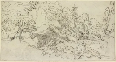 Landschaft Mit Einem Kolossalen Flusgott Neben Ihm Drei Kleine Figuren