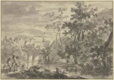 Landschaft Mit Einem Mit Weiden Bewachsenem Flus Uber Welchen Eine Brucke Mit Drei Bogen Fuhrt Vorne Reiter Und Fusganger
