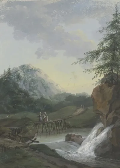 Landschaft Mit Einem Wasserfall Und Einem Steg Auf Dem Zwei Frauen Und Ein Kind Gehen