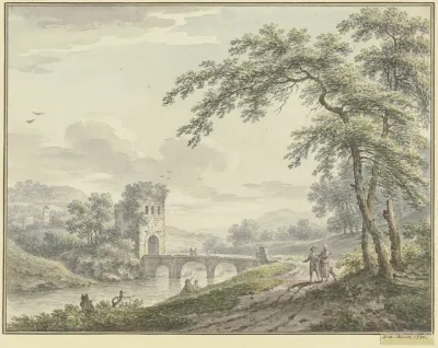 Landschaft Mit Einer Brucke Und Turm Rechts Unter Einem Baum Ein Paar Mit Einem Hund
