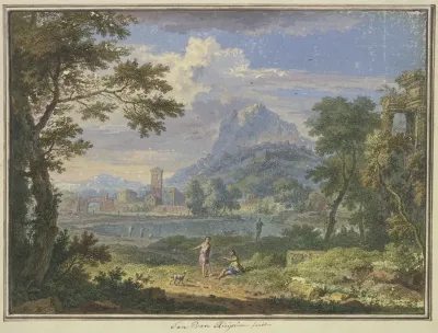 Landschaft Mit Einer Italienischen Stadt Bei Einem Hohen Berg Rechts Die Ruine Eines Tempels Im Vordergrund Zwei Figuren Und Ein Hund