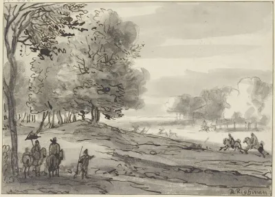 Landschaft Mit Einer Parforcejagd Links Eine Dame Zu Pferde Mit Einem Sonnenschirm