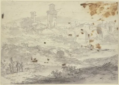 Landschaft Mit Einer Stadt Und Einer Grosen Brucke Mit Drei Bogen Vorne Links Drei Figuren