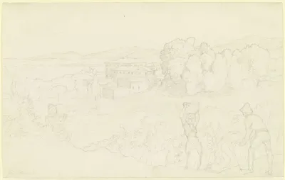 Landschaft Mit Einer Villa Rechts Vorne Winzer Links Ein Hirte Der Die Flote Blast