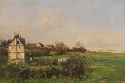 Landschaft Mit Fachwerkhaus Und Bauerin