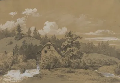 Landschaft Mit Fachwerkhaus Und Kaskade