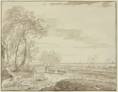 Landschaft Mit Fernsicht Links Baume Auf Dem Weg Eine Schafherde