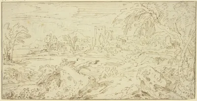 Landschaft Mit Gebauden Im Vordergrund Felsstucke Und Zwei Nur Halb Sichtbare Figuren