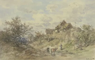 Landschaft Mit Gehoft Zwei Kuhe Mit Bauerin Im Vordergrund