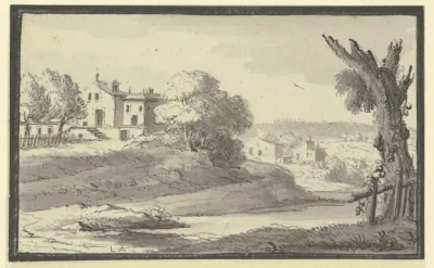 Landschaft Mit Hausern Auf Einem Hugel Am Wasser