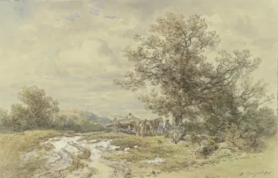 Landschaft Mit Hohem Baum Und Holzfuhrwerk