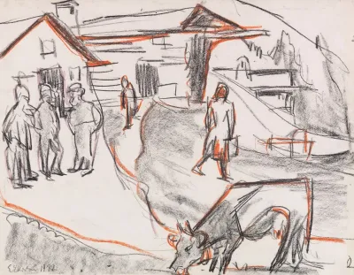 Landschaft Mit Personen Und Grasender Kuh
