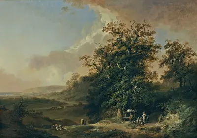 Landschaft Mit Reisenden An Einem Flussufer