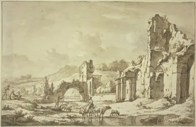Landschaft Mit Romischen Ruinen Vorne Reitet Eine Hirtin Mit Der Herde Durchs Wasser Links Zwei Maler