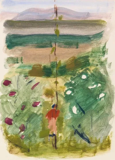 Landschaft Mit Ruckenfigur Zwischen Buschen