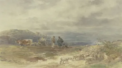 Landschaft Mit Schafherde Und Ochsenfuhrwerk